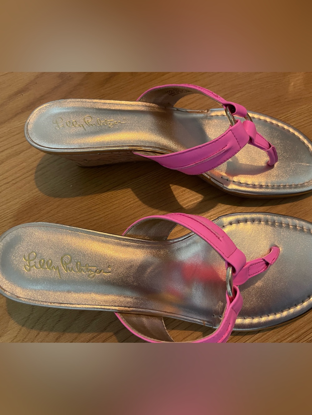 Lilly Pulitzer Hot Pink Leather Wedge Thong Sandals